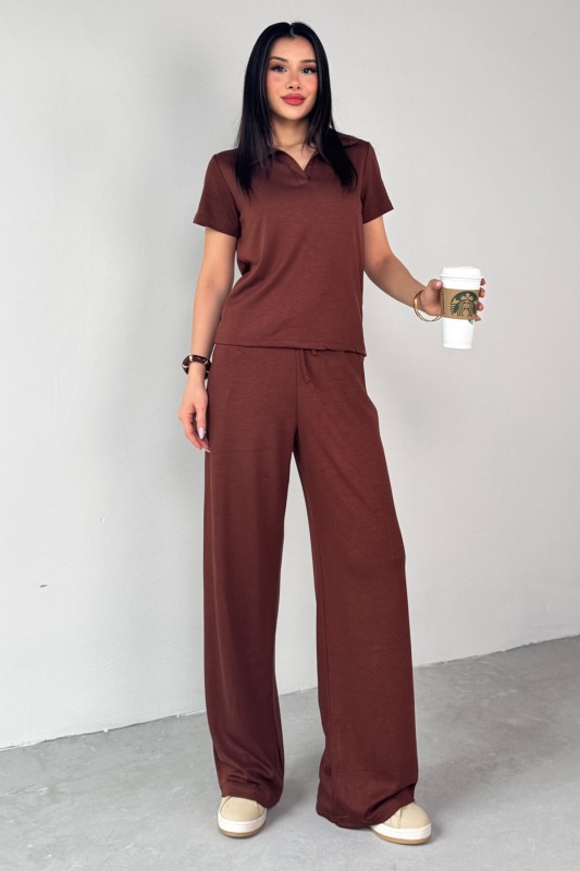 TKM-03690 Kahverengi Polo Yaka Bluz Salaş Pantolon İkili Takım