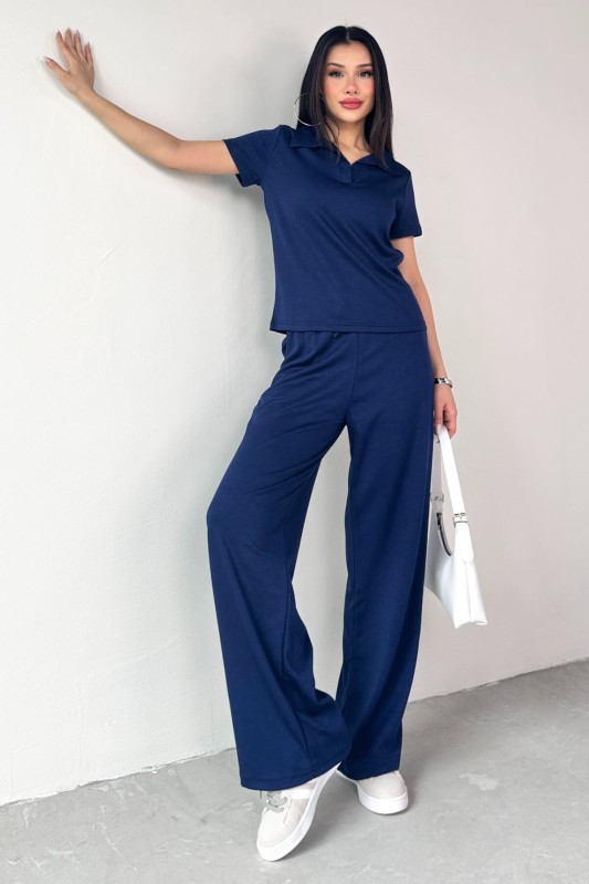 TKM-03690 Lacivert Polo Yaka Bluz Salaş Pantolon İkili Takım