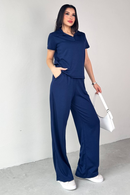 TKM-03690 Lacivert Polo Yaka Bluz Salaş Pantolon İkili Takım