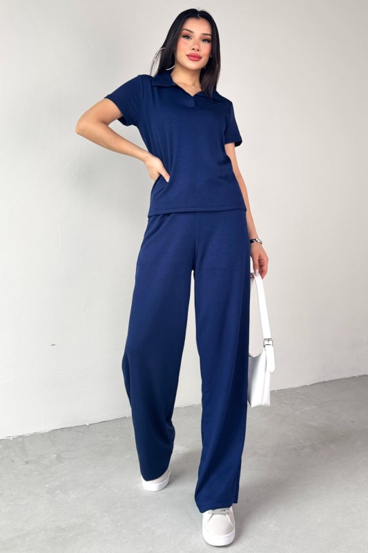 TKM-03690 Lacivert Polo Yaka Bluz Salaş Pantolon İkili Takım