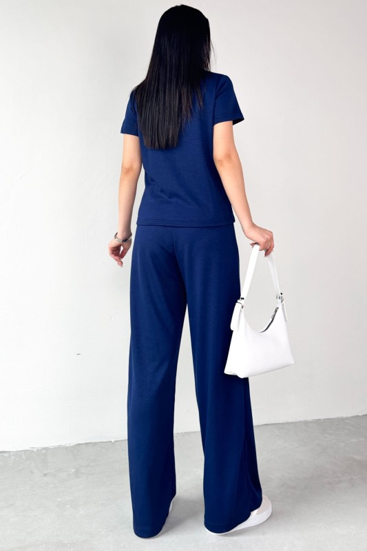 TKM-03690 Lacivert Polo Yaka Bluz Salaş Pantolon İkili Takım