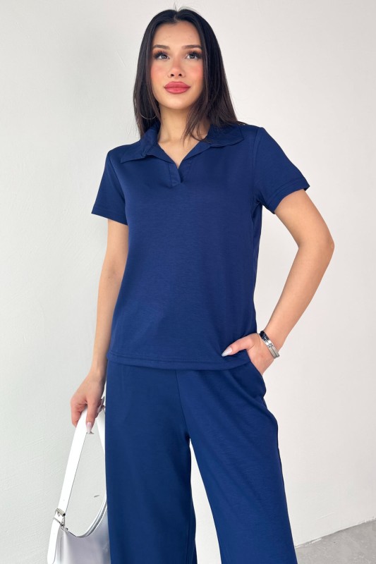 TKM-03690 Lacivert Polo Yaka Bluz Salaş Pantolon İkili Takım
