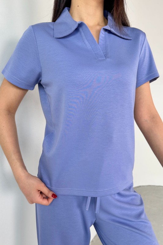 TKM-03690 Lila Polo Yaka Bluz Salaş Pantolon İkili Takım - 4