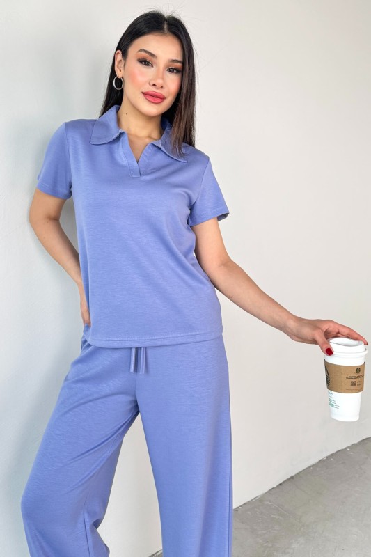 TKM-03690 Lila Polo Yaka Bluz Salaş Pantolon İkili Takım - 2