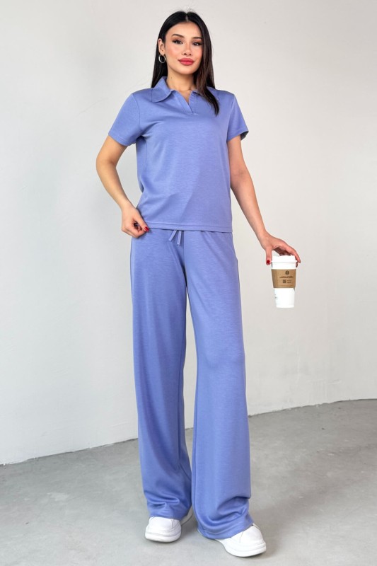TKM-03690 Lila Polo Yaka Bluz Salaş Pantolon İkili Takım - 5