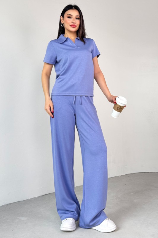 TKM-03690 Lila Polo Yaka Bluz Salaş Pantolon İkili Takım - 1
