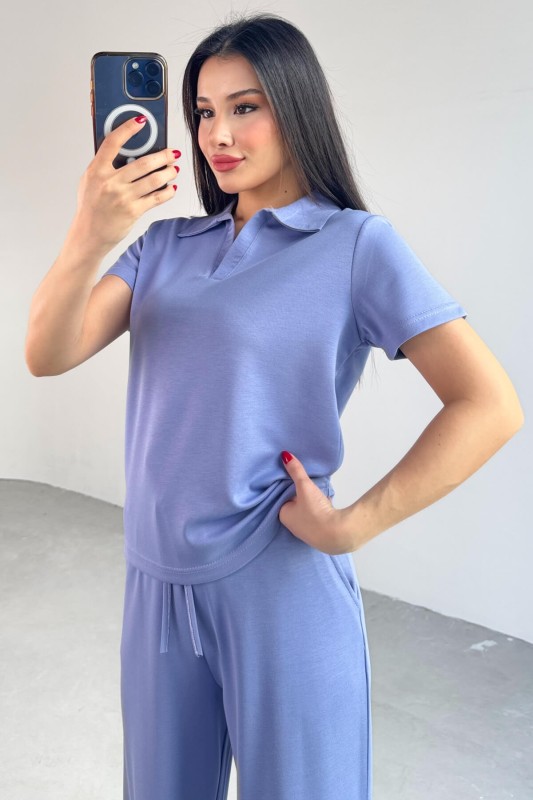 TKM-03690 Lila Polo Yaka Bluz Salaş Pantolon İkili Takım - 7