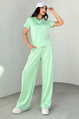 TKM-03690 Mint Yeşili Polo Yaka Bluz Salaş Pantolon İkili Takım - 3