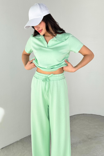 TKM-03690 Mint Yeşili Polo Yaka Bluz Salaş Pantolon İkili Takım - 2