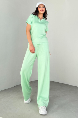 TKM-03690 Mint Yeşili Polo Yaka Bluz Salaş Pantolon İkili Takım - 5