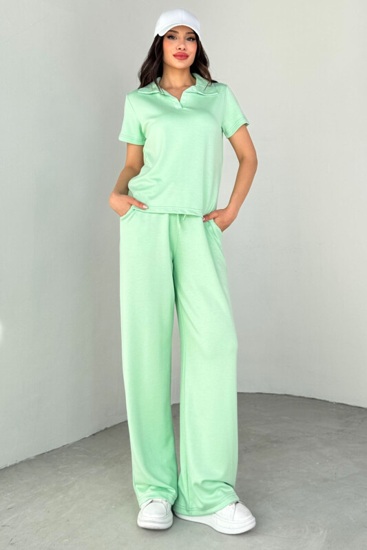 TKM-03690 Mint Yeşili Polo Yaka Bluz Salaş Pantolon İkili Takım - 8