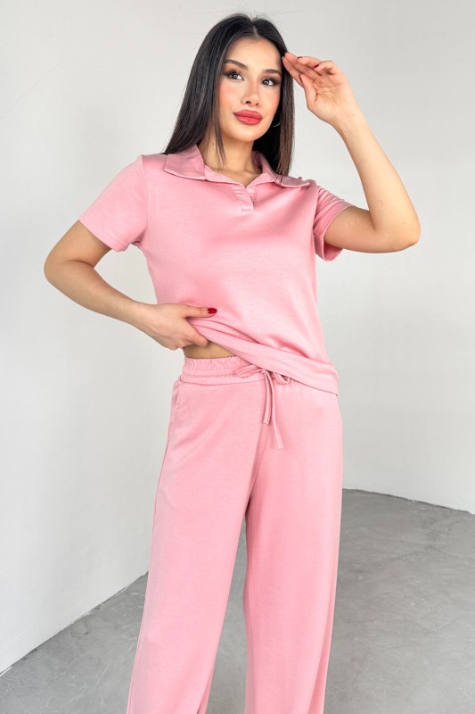 TKM-03690 Pembe Polo Yaka Bluz Salaş Pantolon İkili Takım - 2