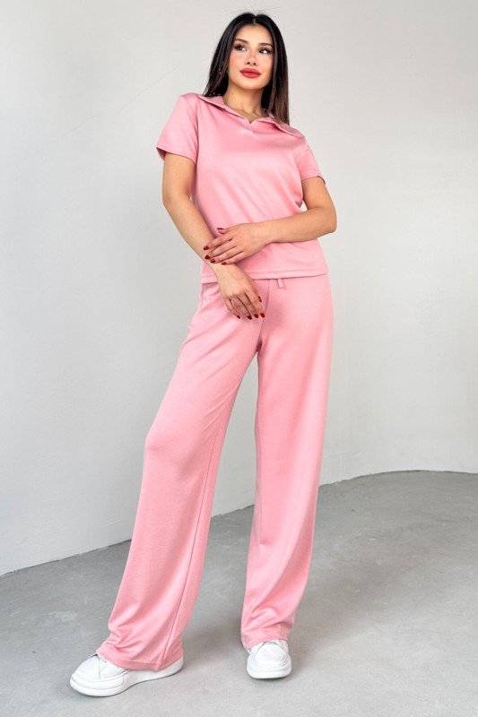TKM-03690 Pembe Polo Yaka Bluz Salaş Pantolon İkili Takım - 1