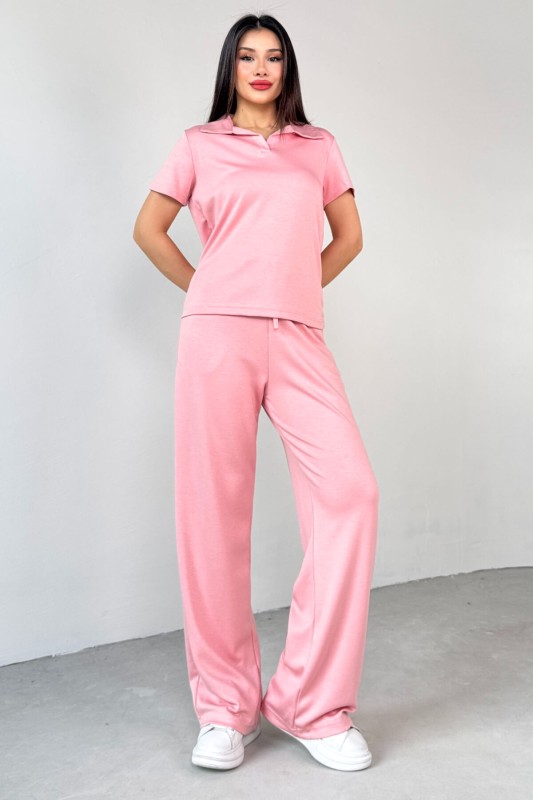 TKM-03690 Pembe Polo Yaka Bluz Salaş Pantolon İkili Takım - 6