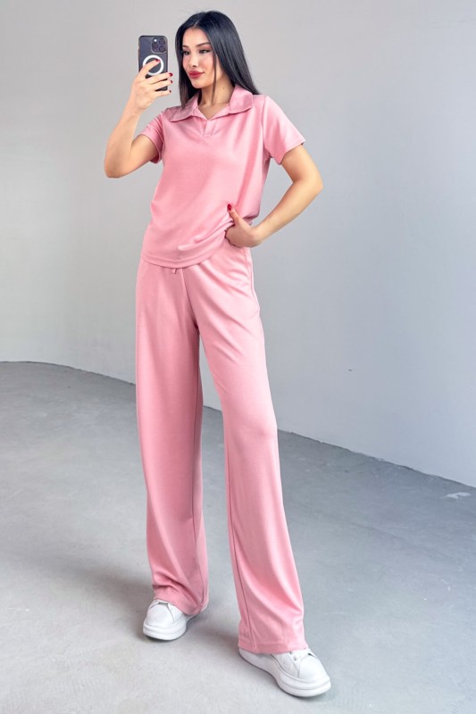 TKM-03690 Pembe Polo Yaka Bluz Salaş Pantolon İkili Takım - 7