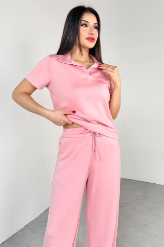 TKM-03690 Pembe Polo Yaka Bluz Salaş Pantolon İkili Takım - 8