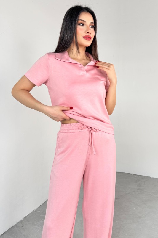 TKM-03690 Pembe Polo Yaka Bluz Salaş Pantolon İkili Takım - 8