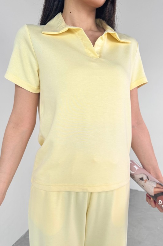 TKM-03690 Sarı Polo Yaka Bluz Salaş Pantolon İkili Takım - 4