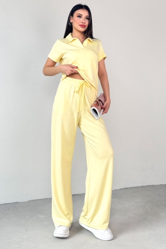 TKM-03690 Sarı Polo Yaka Bluz Salaş Pantolon İkili Takım 