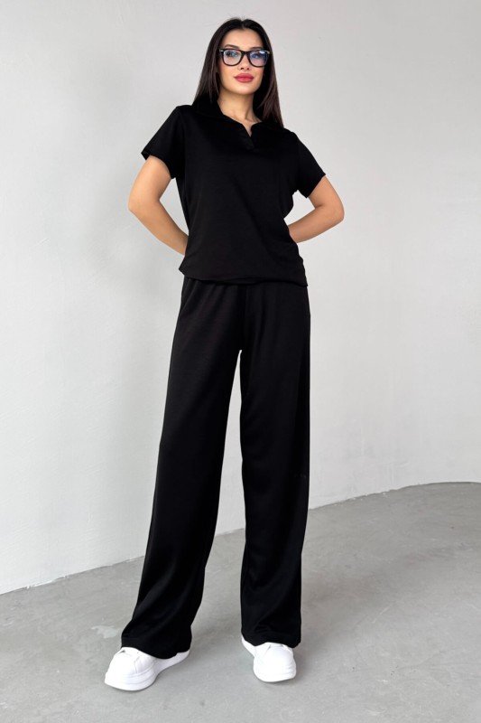 TKM-03690 Siyah Polo Yaka Bluz Salaş Pantolon İkili Takım - 5