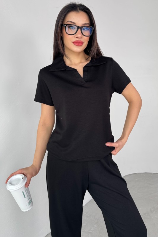 TKM-03690 Siyah Polo Yaka Bluz Salaş Pantolon İkili Takım - 2