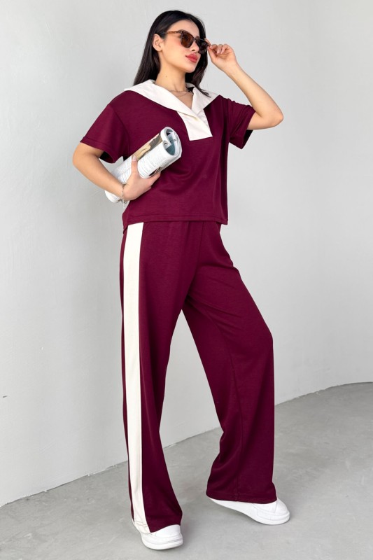 TKM-03692 Bordo Patlı Yaka Bluz Garnili Pantolon İkili Takım