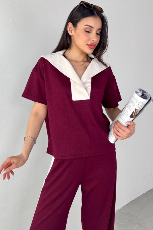 TKM-03692 Bordo Patlı Yaka Bluz Garnili Pantolon İkili Takım