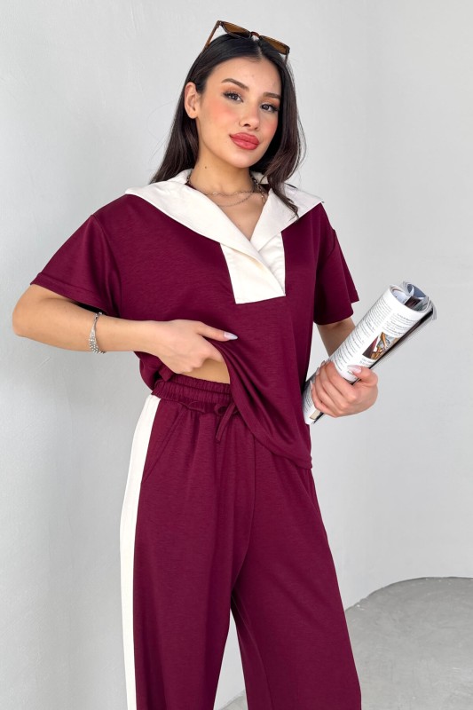 TKM-03692 Bordo Patlı Yaka Bluz Garnili Pantolon İkili Takım