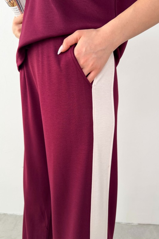 TKM-03692 Bordo Patlı Yaka Bluz Garnili Pantolon İkili Takım