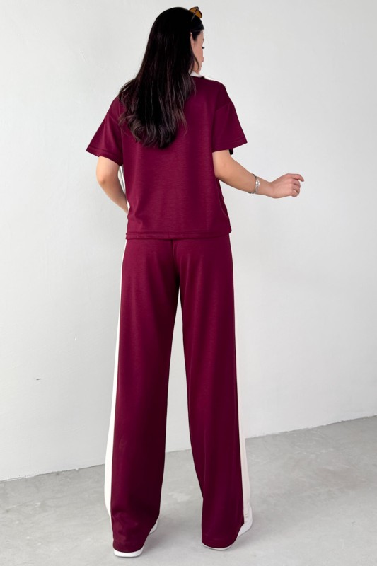 TKM-03692 Bordo Patlı Yaka Bluz Garnili Pantolon İkili Takım