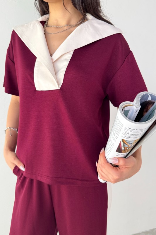 TKM-03692 Bordo Patlı Yaka Bluz Garnili Pantolon İkili Takım