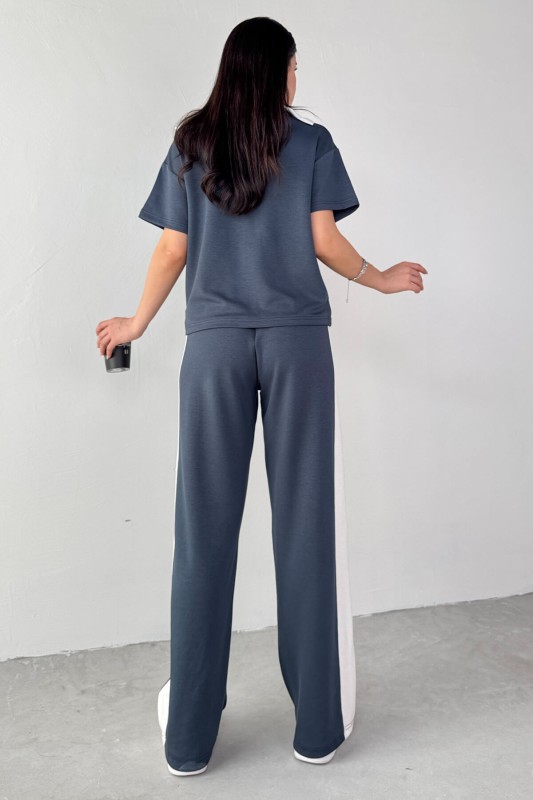 TKM-03692 Füme Patlı Yaka Bluz Garnili Pantolon İkili Takım