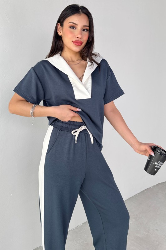 TKM-03692 Füme Patlı Yaka Bluz Garnili Pantolon İkili Takım