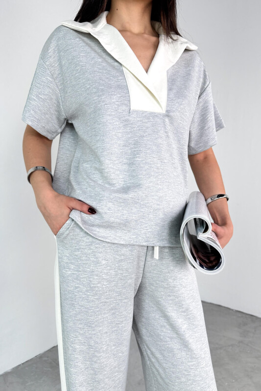 TKM-03692 Karmelanj Patlı Yaka Bluz Garnili Pantolon İkili Takım - 3