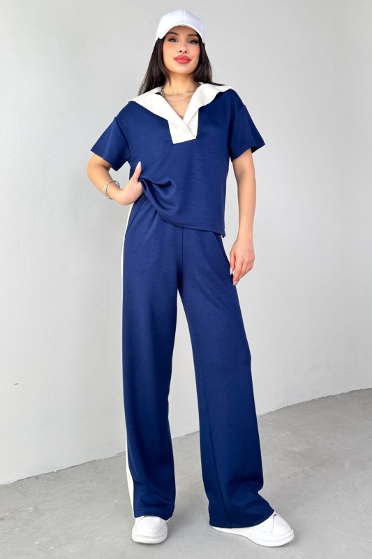 TKM-03692 Lacivert Patlı Yaka Bluz Garnili Pantolon İkili Takım