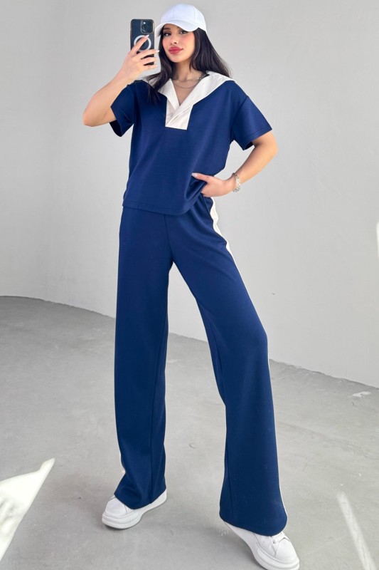 TKM-03692 Lacivert Patlı Yaka Bluz Garnili Pantolon İkili Takım