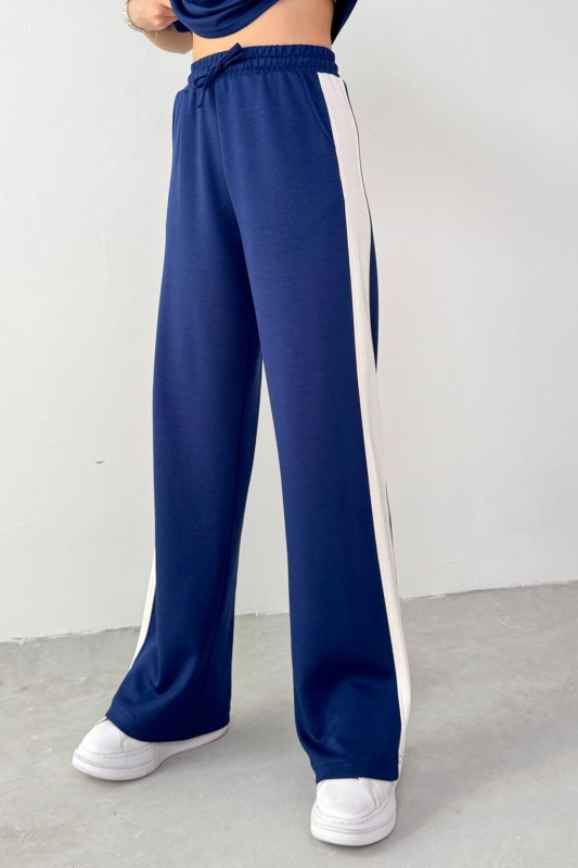 TKM-03692 Lacivert Patlı Yaka Bluz Garnili Pantolon İkili Takım
