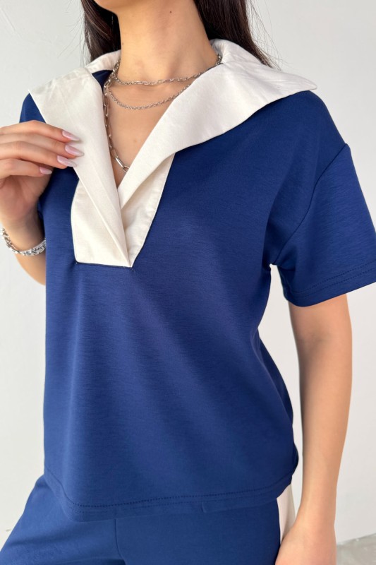 TKM-03692 Lacivert Patlı Yaka Bluz Garnili Pantolon İkili Takım