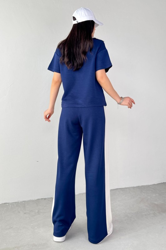 TKM-03692 Lacivert Patlı Yaka Bluz Garnili Pantolon İkili Takım