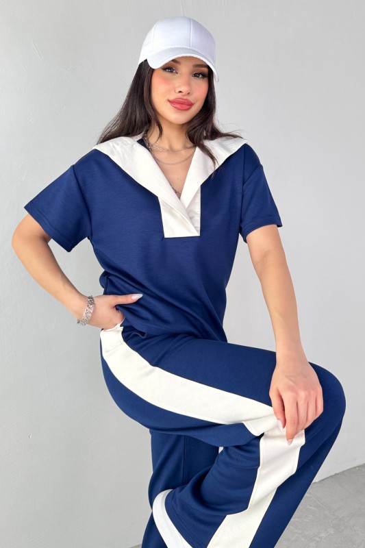 TKM-03692 Lacivert Patlı Yaka Bluz Garnili Pantolon İkili Takım