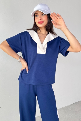 Cappmoda - TKM-03692 Lacivert Patlı Yaka Bluz Garnili Pantolon İkili Takım (1)