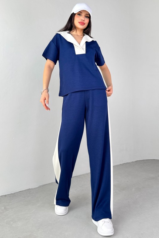 TKM-03692 Lacivert Patlı Yaka Bluz Garnili Pantolon İkili Takım