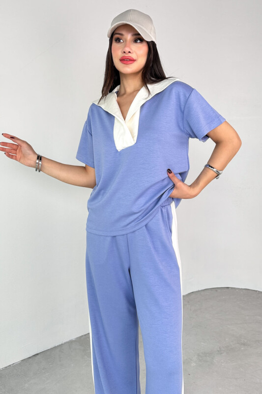 TKM-03692 Lila Patlı Yaka Bluz Garnili Pantolon İkili Takım - 2
