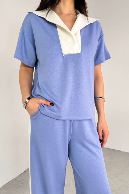 TKM-03692 Lila Patlı Yaka Bluz Garnili Pantolon İkili Takım - 3