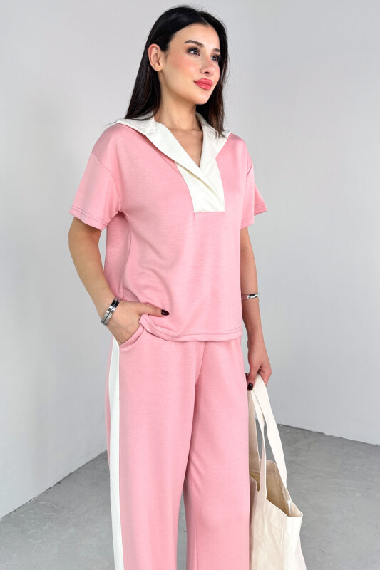 TKM-03692 Pudra Patlı Yaka Bluz Garnili Pantolon İkili Takım - 6