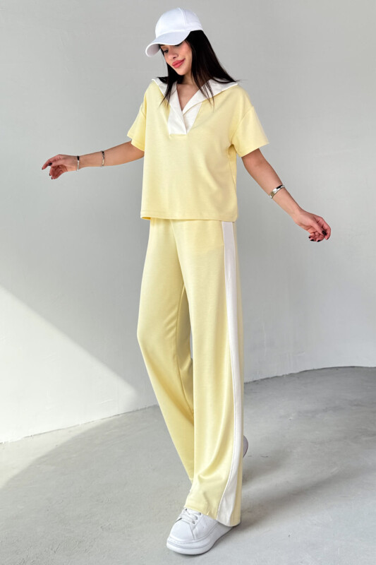 TKM-03692 Sarı Patlı Yaka Bluz Garnili Pantolon İkili Takım - 3