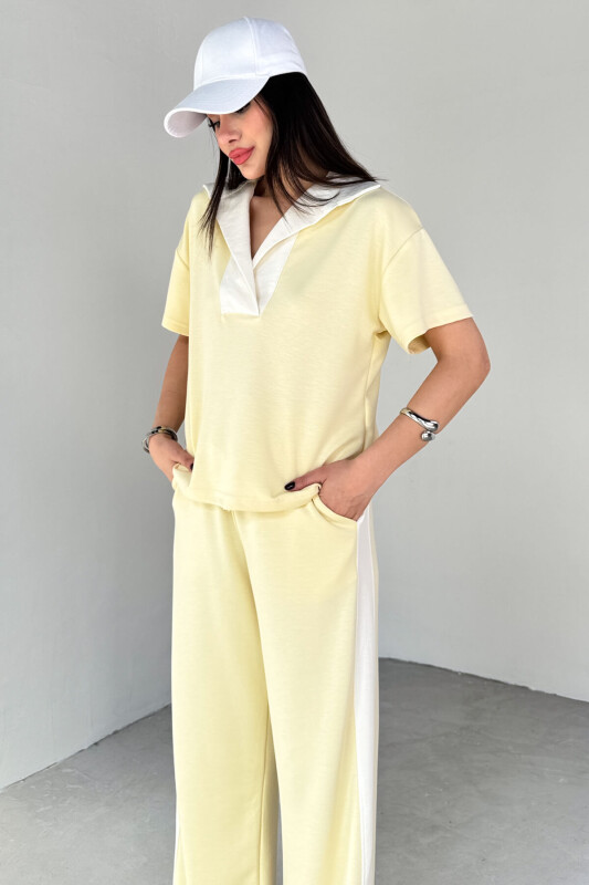 TKM-03692 Sarı Patlı Yaka Bluz Garnili Pantolon İkili Takım - 6