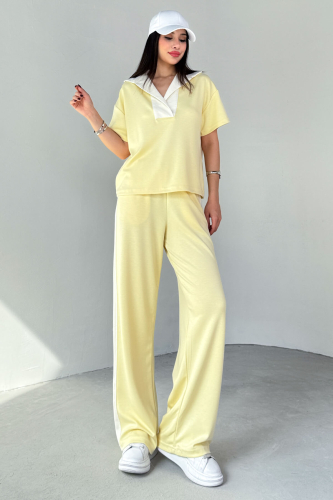 TKM-03692 Sarı Patlı Yaka Bluz Garnili Pantolon İkili Takım 