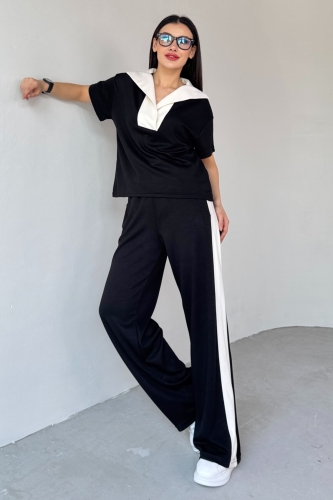 TKM-03692 Siyah Patlı Yaka Bluz Garnili Pantolon İkili Takım 