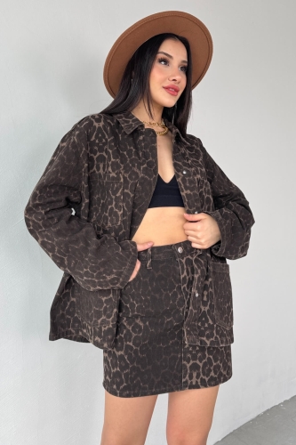 Cappmoda - TKM-03693 Leopar Desen Denim Ceket Mini Etek İkili Takım (1)